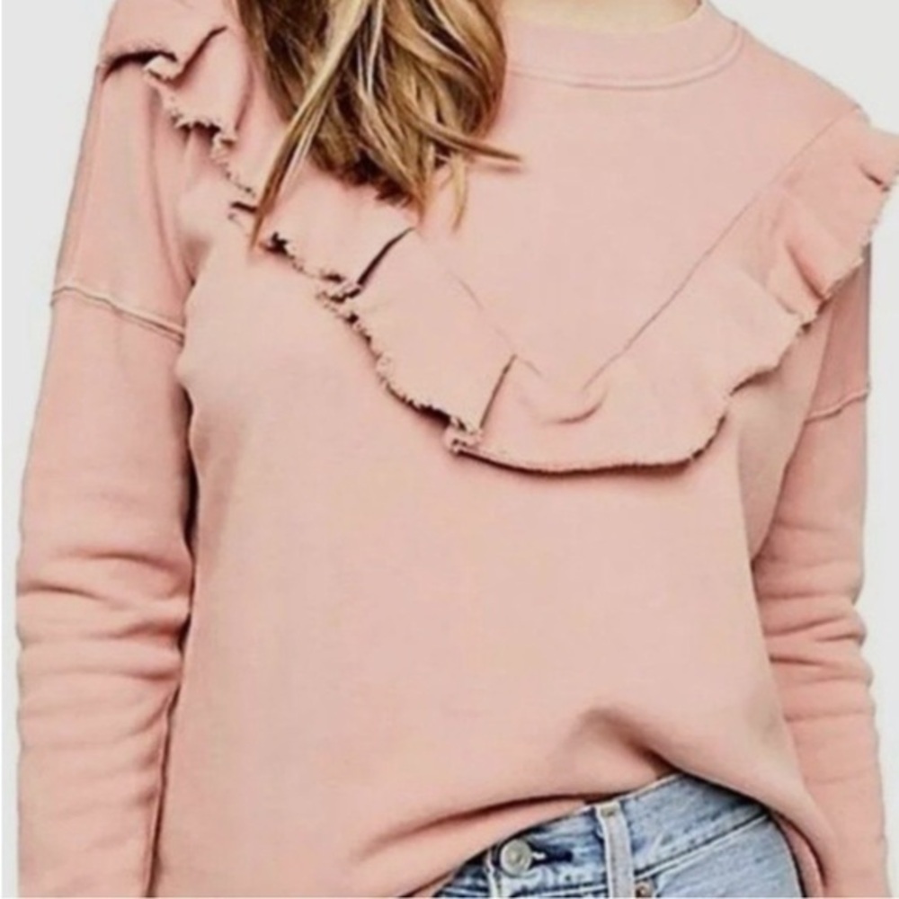 FREE PEOPLE M Ooh La Ruffle pink cropped raw hem lightweight sweatshirt